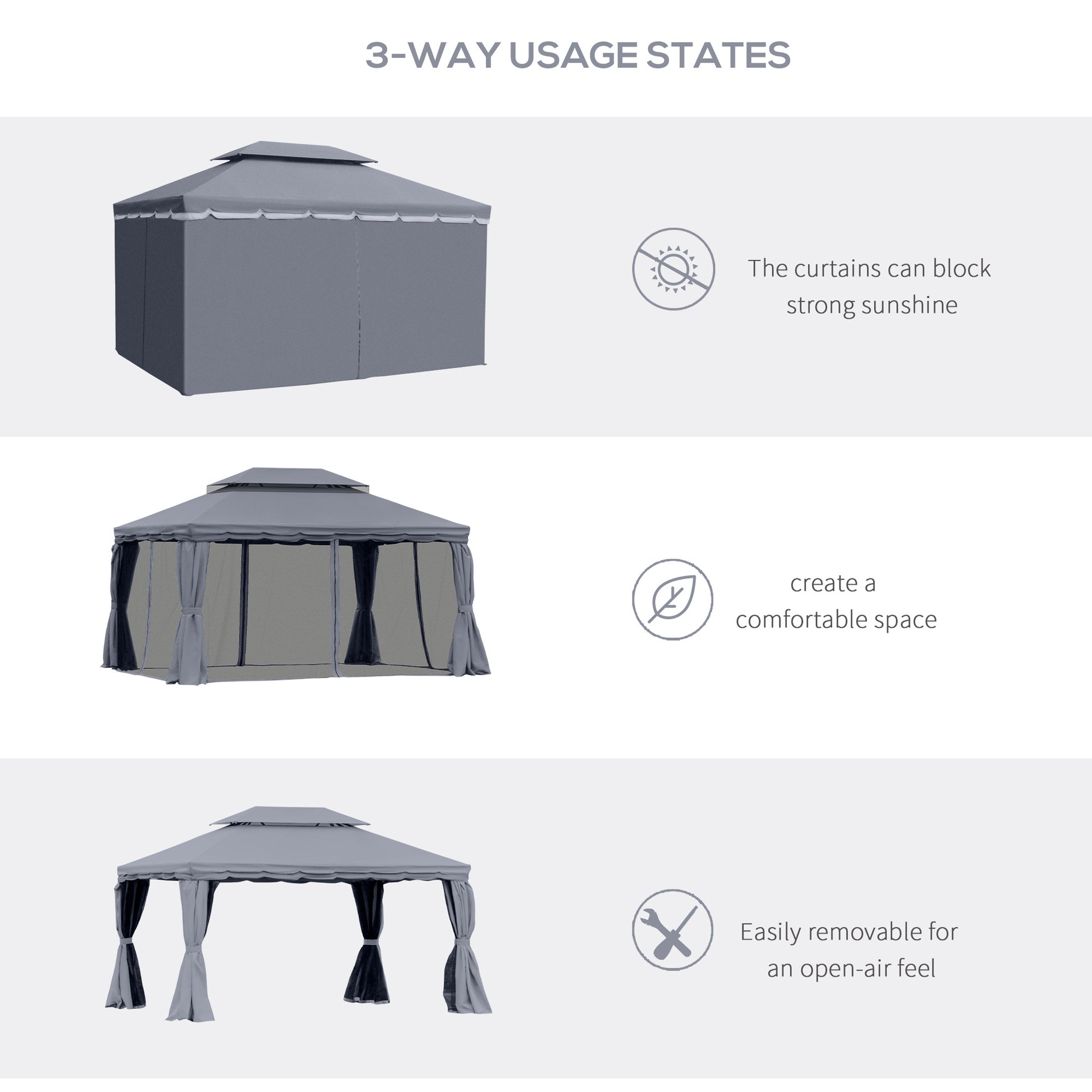 13' x 10' Patio Gazebo, Double Roof Outdoor Gazebo Canopy Shelter with Netting & Curtains, Strong Aluminum Frame, Dark G