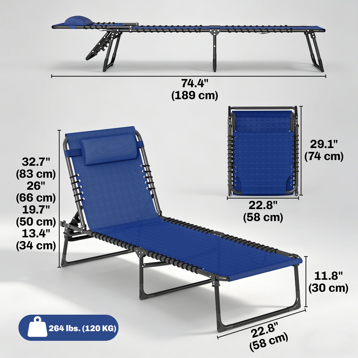 Outdoor Folding Lounge Chair, 4-Level Adjustable Chaise Lounge, Tanning Chair Beach Bed Reclining Lounger Cot for Campin
