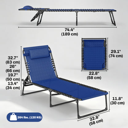 Outdoor Folding Lounge Chair, 4-Level Adjustable Chaise Lounge, Tanning Chair Beach Bed Reclining Lounger Cot for Campin
