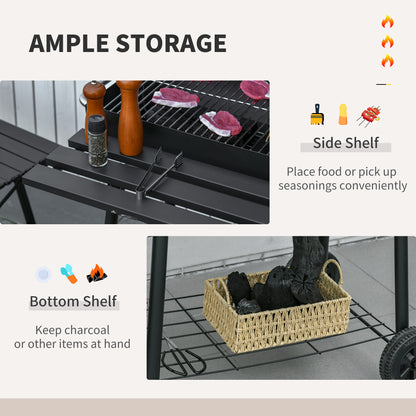 30" Charcoal Barbecue Grill with Wheels Outdoor Barbecue with Adjustable Charcoal Rack, Storage Shelf, Wheel, for Garden