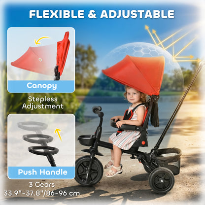 Qaba Tricycle for Toddler 5 in 1 Kids Trike, Foldable Converts Stroller to Toddler Bike, Adjustable Backrest & Curved Ca
