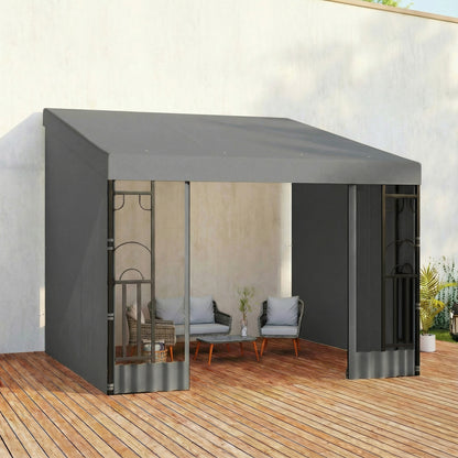 10' x 10' Wall Pergola with 2 Curtains and 2 Nettings UV Resistant Gazebo for Patio, Deck, Dark Grey