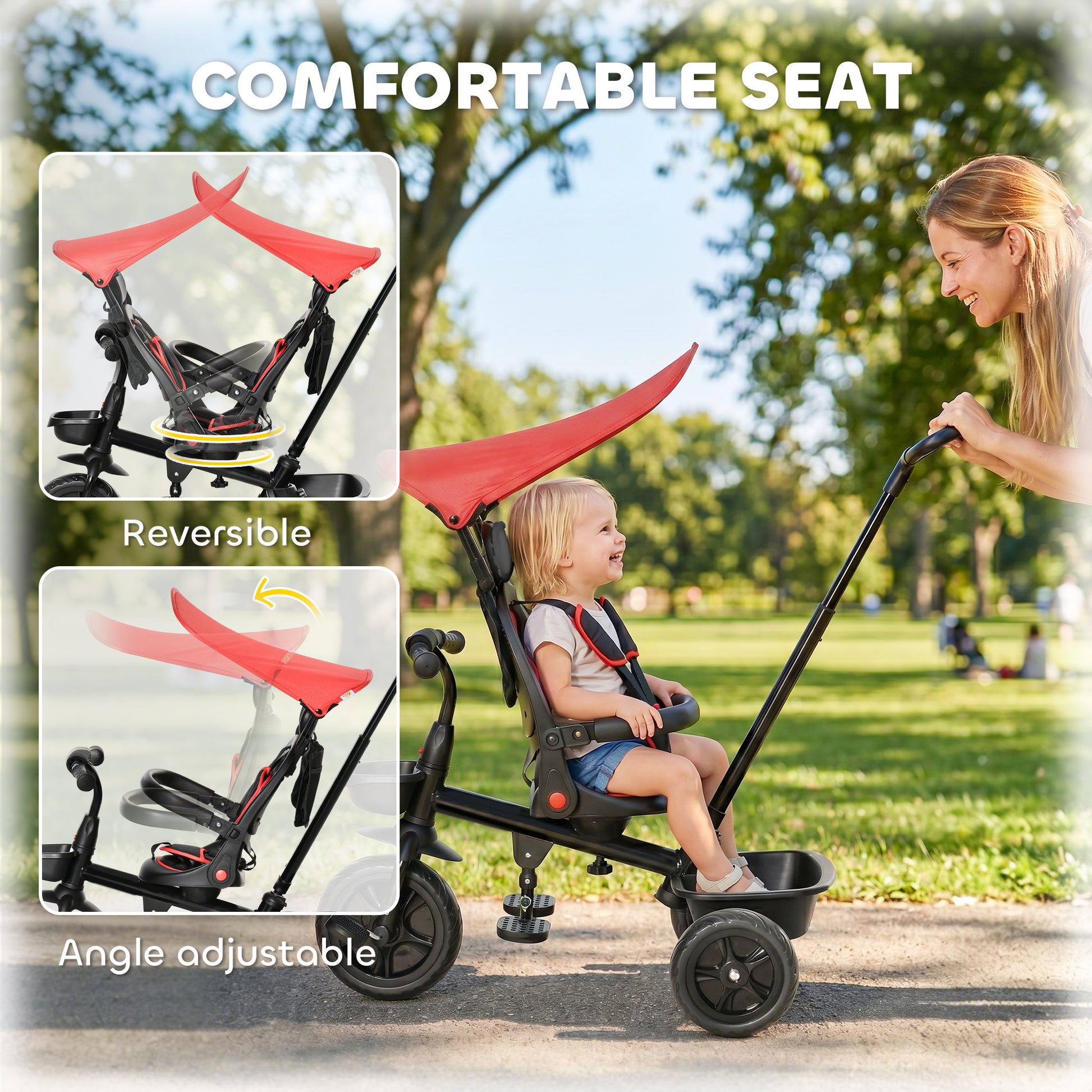 Qaba Kids Tricycle 5 In 1 Trike with Reversible Angle Adjustable Seat Removable Handle Canopy Handrail Belt Storage Foot
