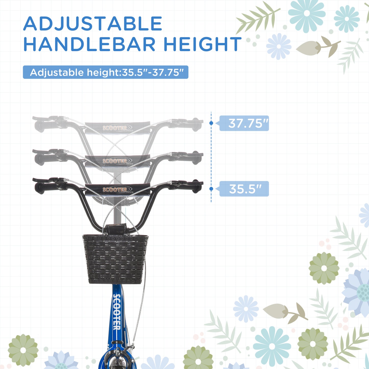 VarietyKart Kick Scooter with Adjustable Handlebar, Kids Scooter with 2 Brakes Basket Cupholder 16" Inflatable Rubber Ty
