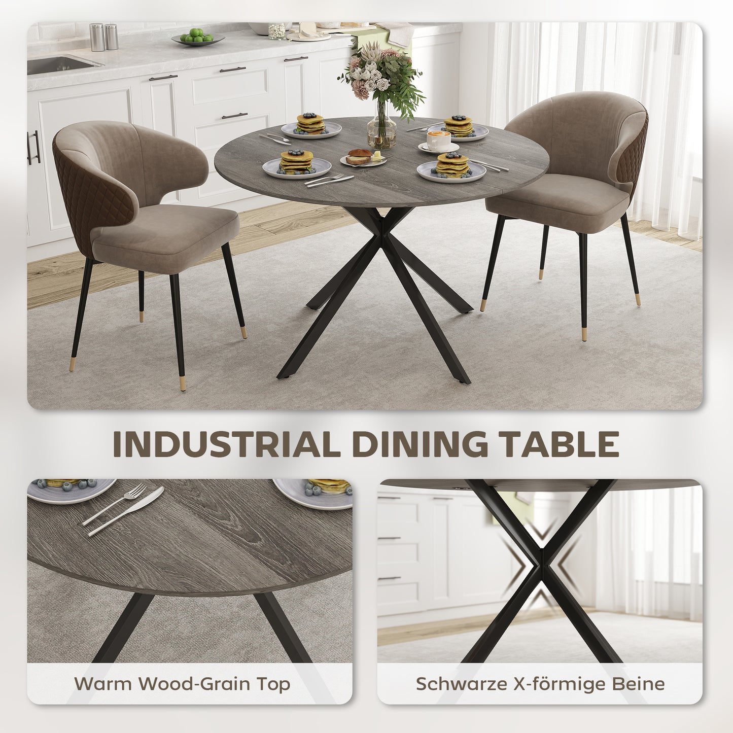 47" Round Kitchen Table for 4, Industrial Dining Table with Steel Legs for Dining Room, Grey Wood Grain and Black