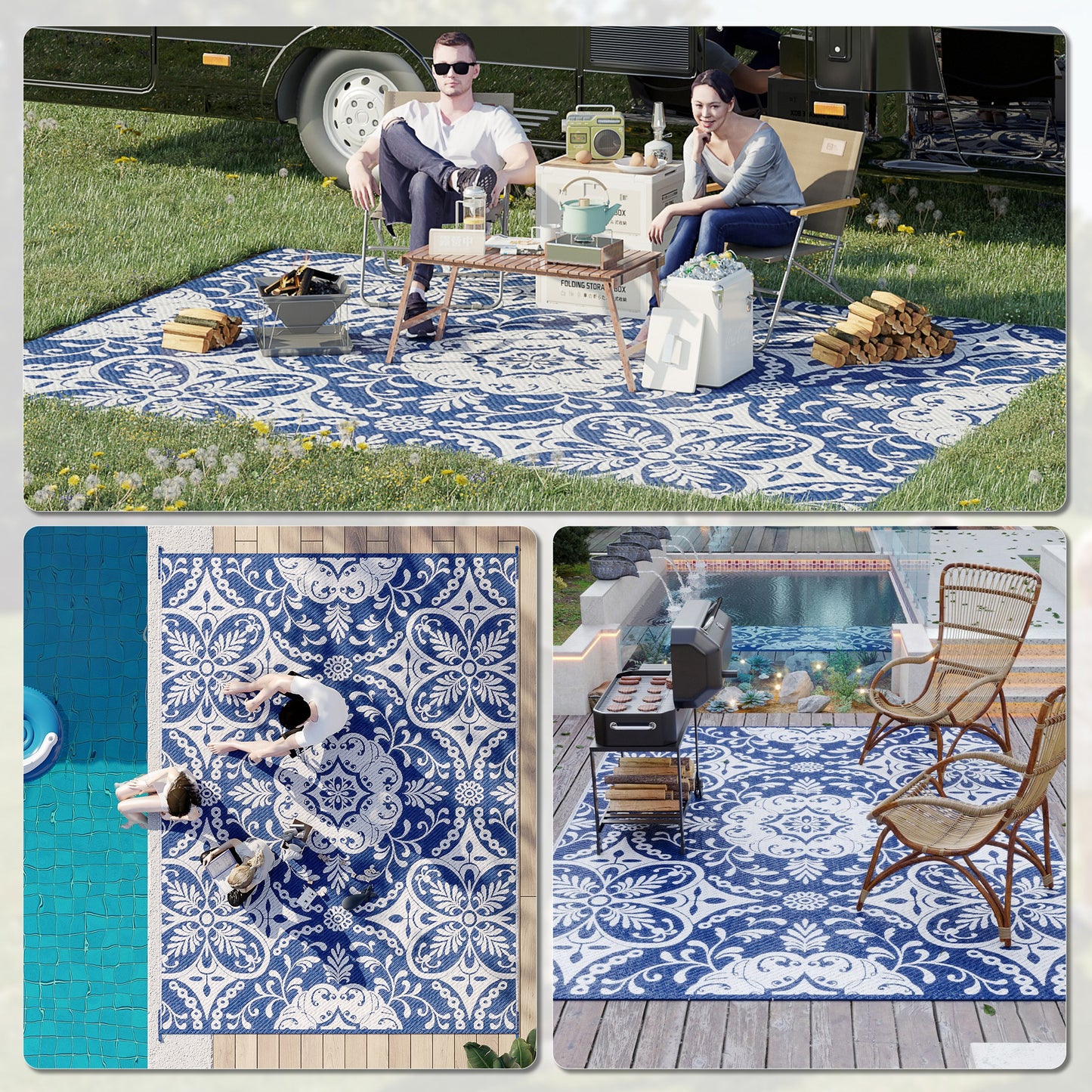 Portable Outdoor Rug with Carry Bag, 9' x 12' Reversible Mat, Waterproof Plastic Straw RV Rug for Backyard, Deck, Picnic