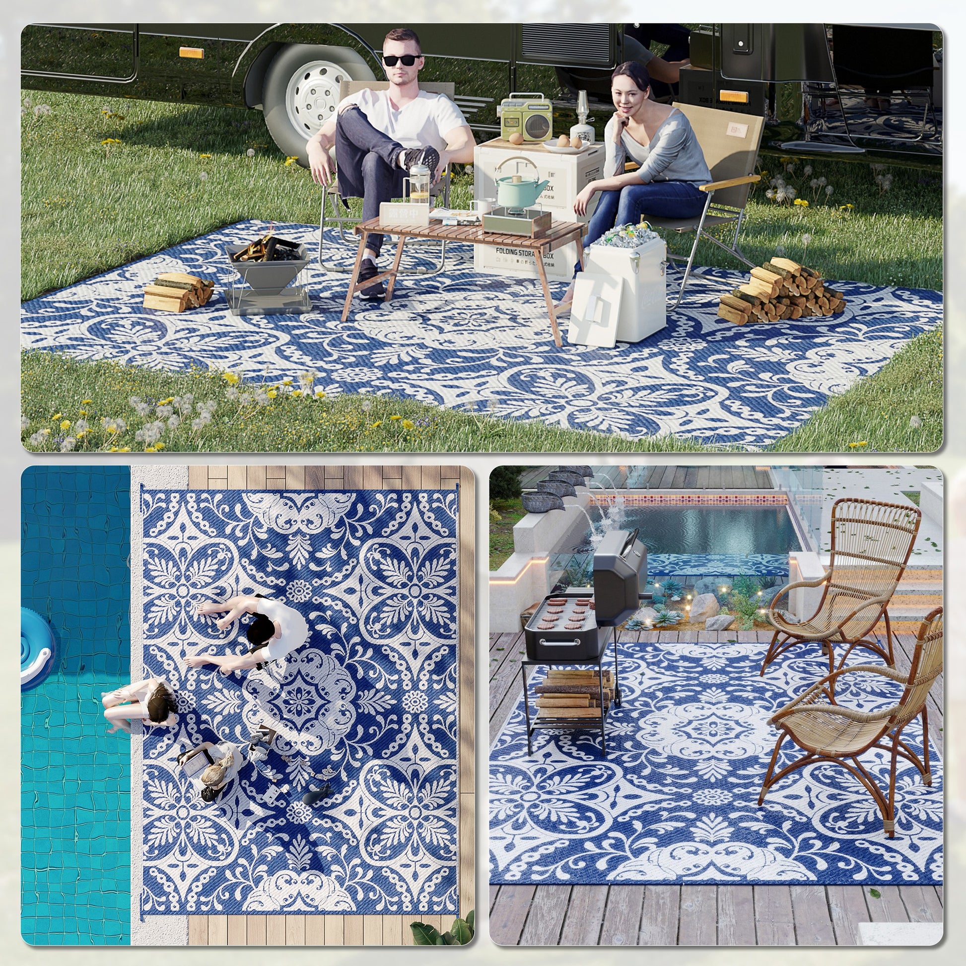 Portable Outdoor Rug with Carry Bag, 9' x 12' Reversible Mat, Waterproof Plastic Straw RV Rug for Backyard, Deck, Picnic