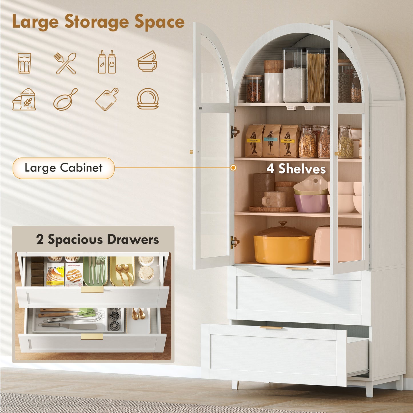 Arched Kitchen Pantry Cabinet, 71" Tall Farmhouse Kitchen Storage Cabinet with 2 Drawers, Acrylic Glass Doors, White