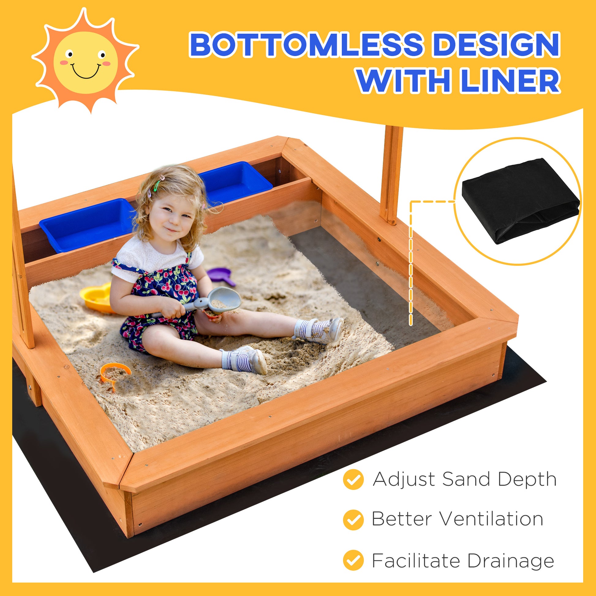 Kids Wooden Sandbox, Children Play Sand Station Outdoor with Adjustable Height Cover Lid, Bottom Liner, Seat, Plastic Ba