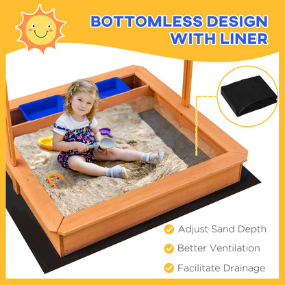 Kids Wooden Sandbox, Children Play Sand Station Outdoor with Adjustable Height Cover Lid, Bottom Liner, Seat, Plastic Ba