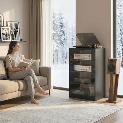 5-Tier AV Media Stand with Push to Open Glass Doors, Audio-Video Storage Cabinet with Adjustable Shelves for DVD Players