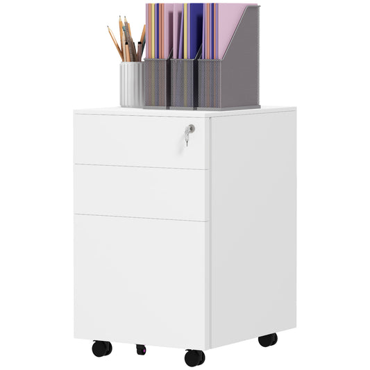Vertical Steel Filing Cabinet on Wheels, 3-Drawer Lockable File Cabinet with Adjustable Hanging Bar for A4, Legal and Le