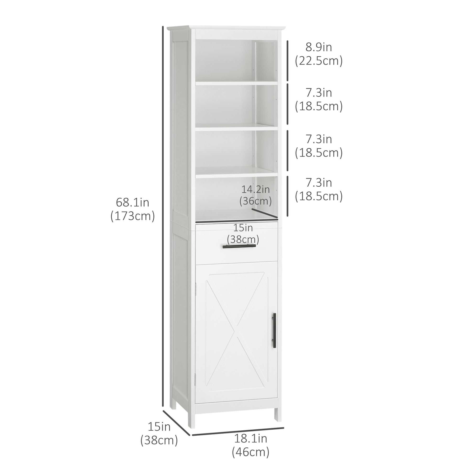 Tall Bathroom Storage Cabinet, Free Standing Bathroom Cabinet Slim Side Organizer w/ 3-Tier Open Shelf, Door, and Drawer