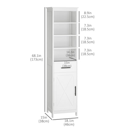 Tall Bathroom Storage Cabinet, Free Standing Bathroom Cabinet Slim Side Organizer w/ 3-Tier Open Shelf, Door, and Drawer