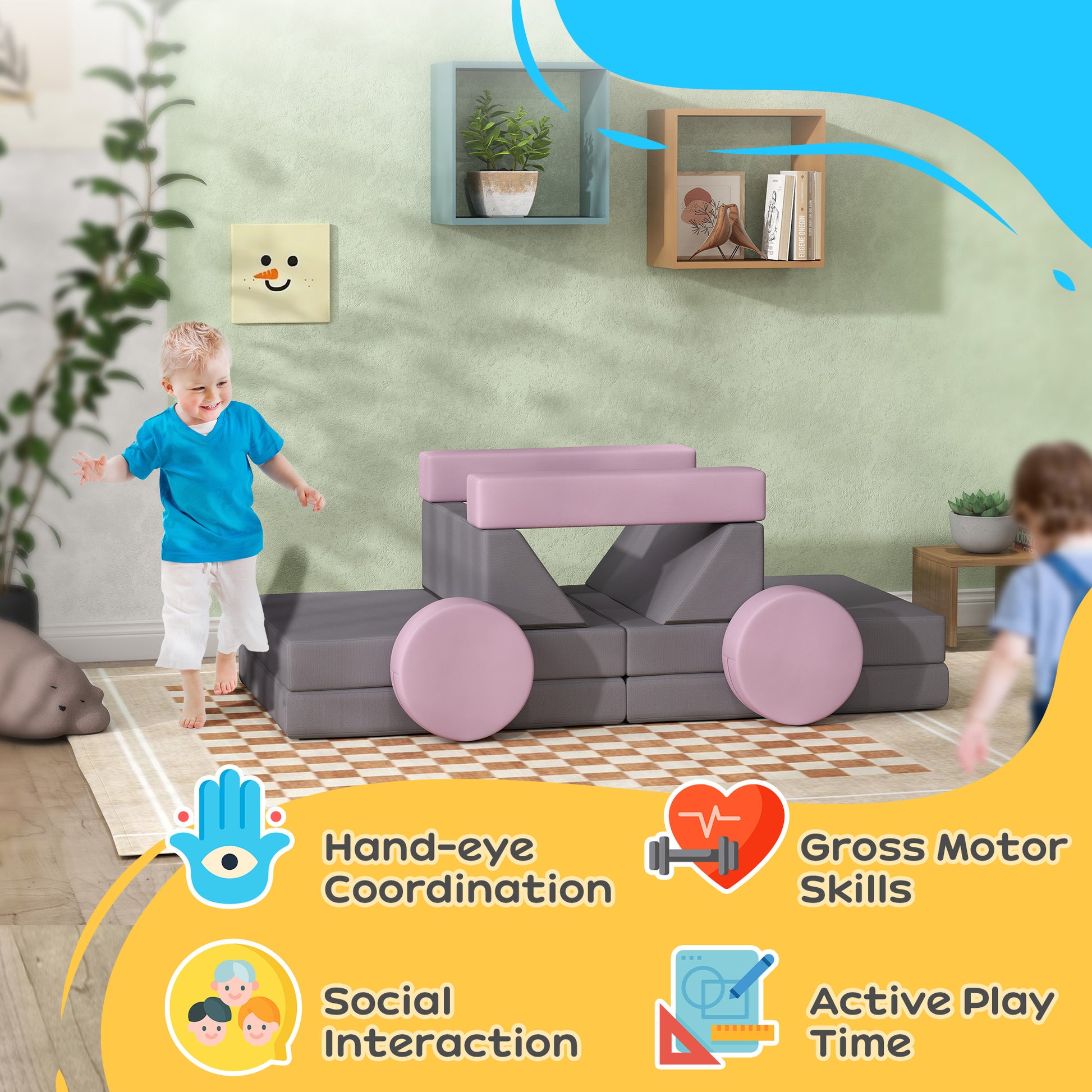 Qaba 12-Piece Modular Kids Play Couch Building Fort for Playroom Bedroom, Convertible Kids Sofa, Grey