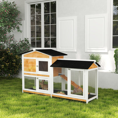 2-tier Wood Rabbit Hutch Backyard Bunny Cage Small Animal House w/ Ramp and Outdoor Run, Yellow