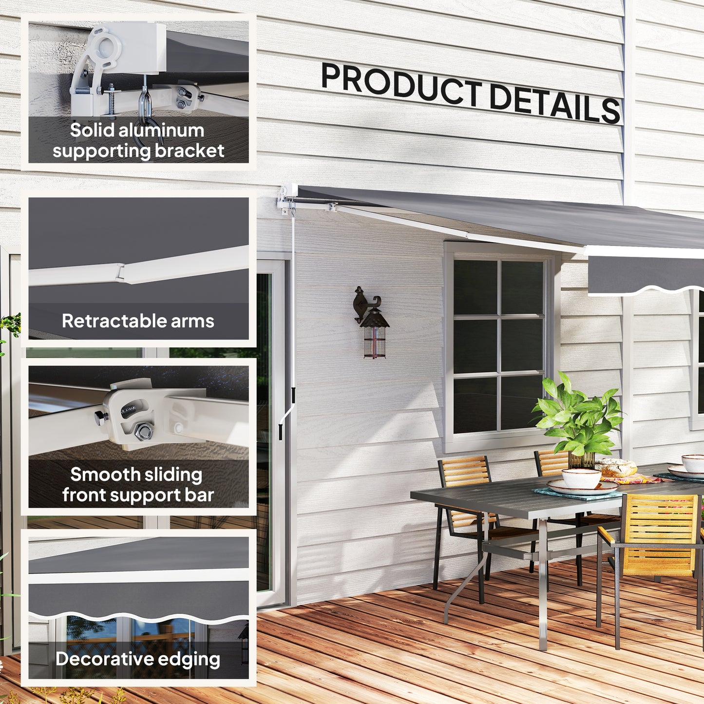 8' x 7' Retractable Awning, Patio Awnings, Sunshade Shelter with 280 g/m² UV & Water-Resistant Fabric, Dark Grey