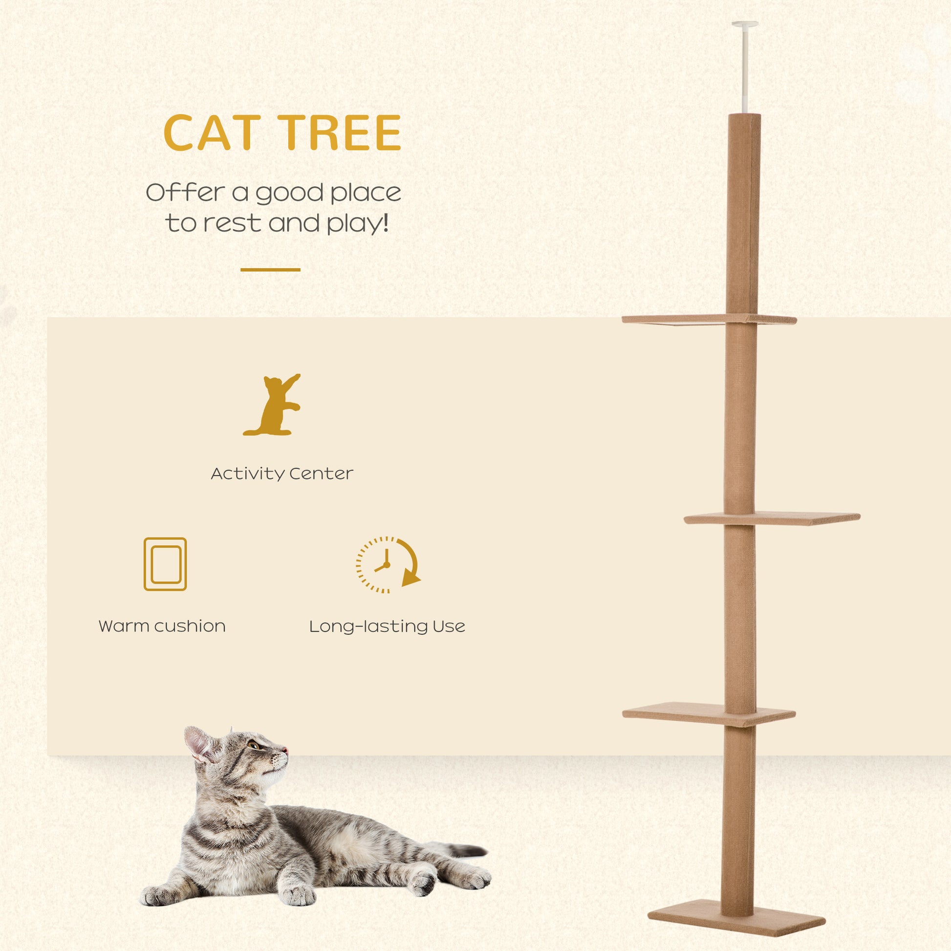 100" Floor To Ceiling Cat Tree w/ 3 Perches Activity Center for Kittens Cat Tower Furniture, Light Brown