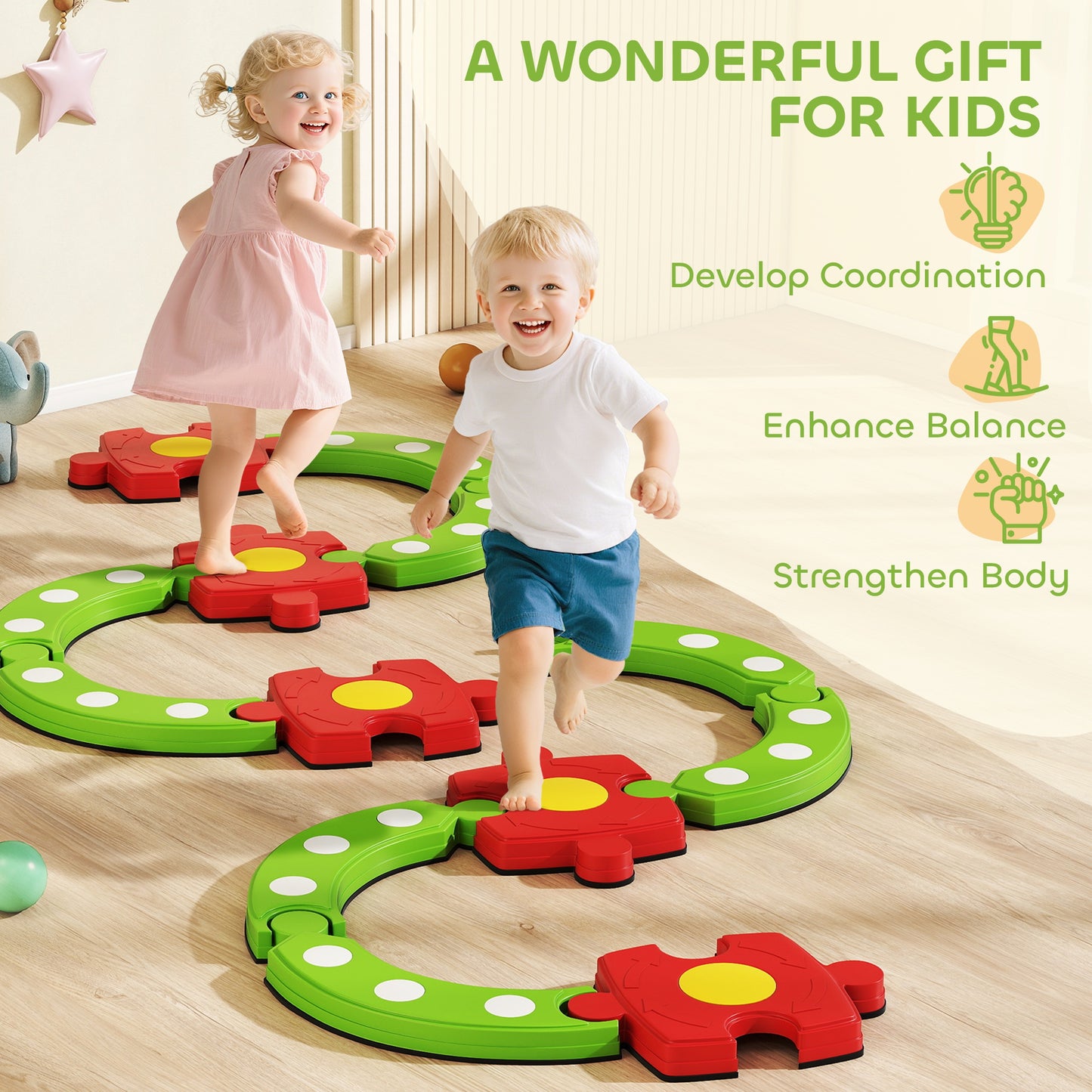 Qaba Kids Balance Beam Stepping Stones with Non-slip Surface for Kids 3-8, Build Coordination and Gross Motor Skills, Gr