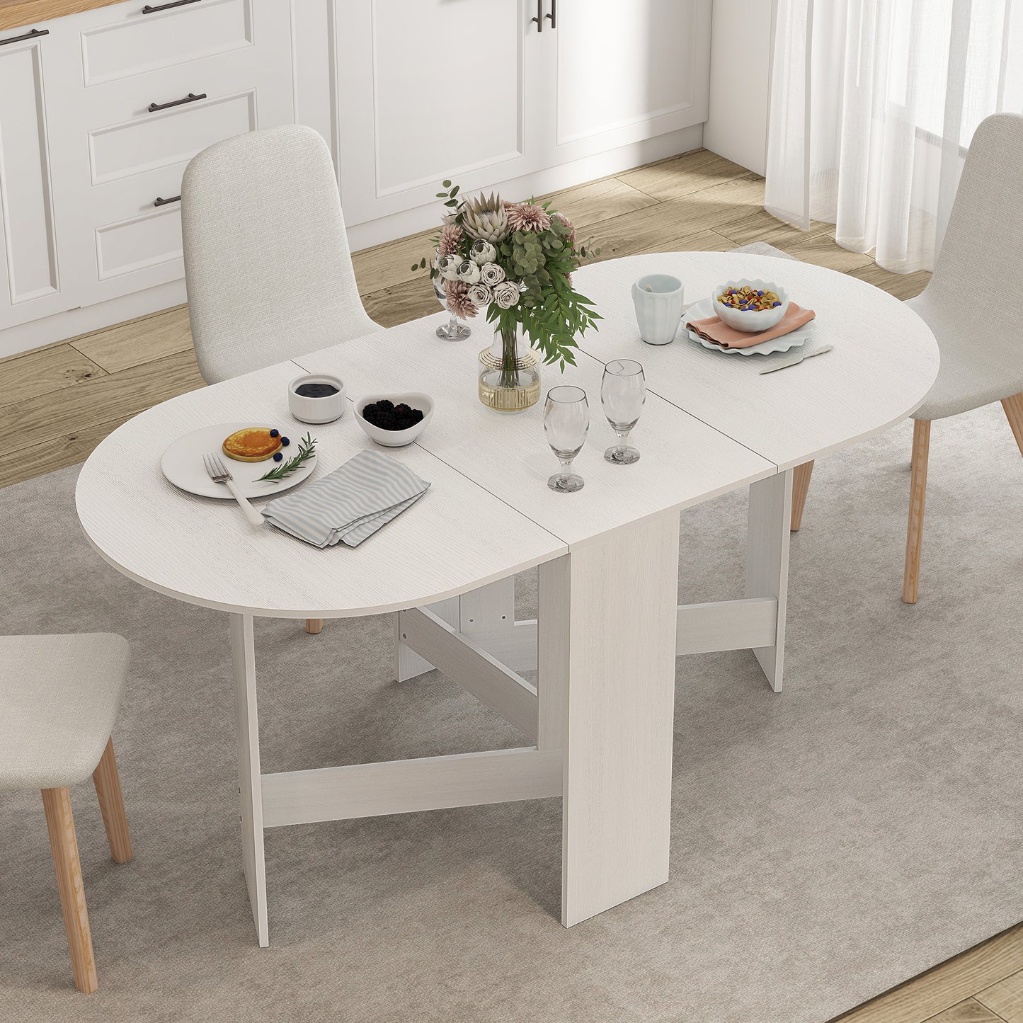 Oval Folding Dining Table, Space Saving Drop Leaf Kitchen Table for Dining Room, Living Room, Distressed White