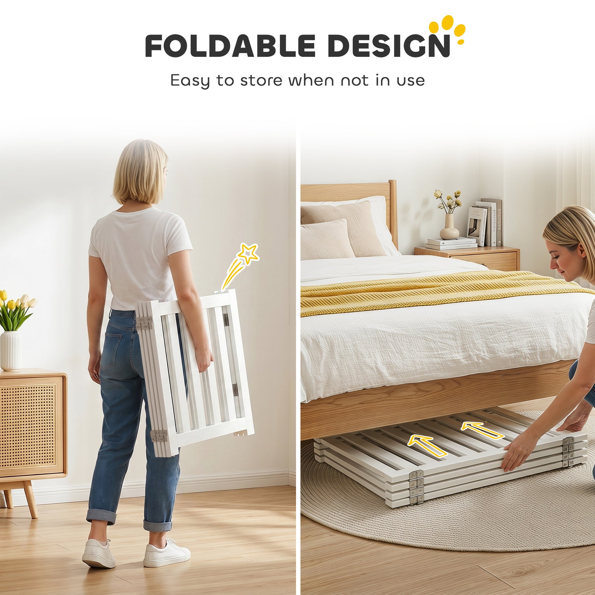 23.5"H Foldable Dog Gate with Door, 4 Panels Freestanding Pet Gate Barriers Indoor with Support Feet, Puppy Fence for Do