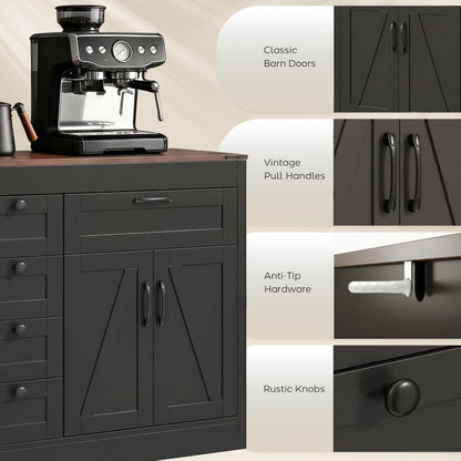Sideboard Buffet Cabinet, 55" Farmhouse Kitchen Cabinet with 4 Barn Doors, 6 Drawers and 2 Adjustable Shelves, Black