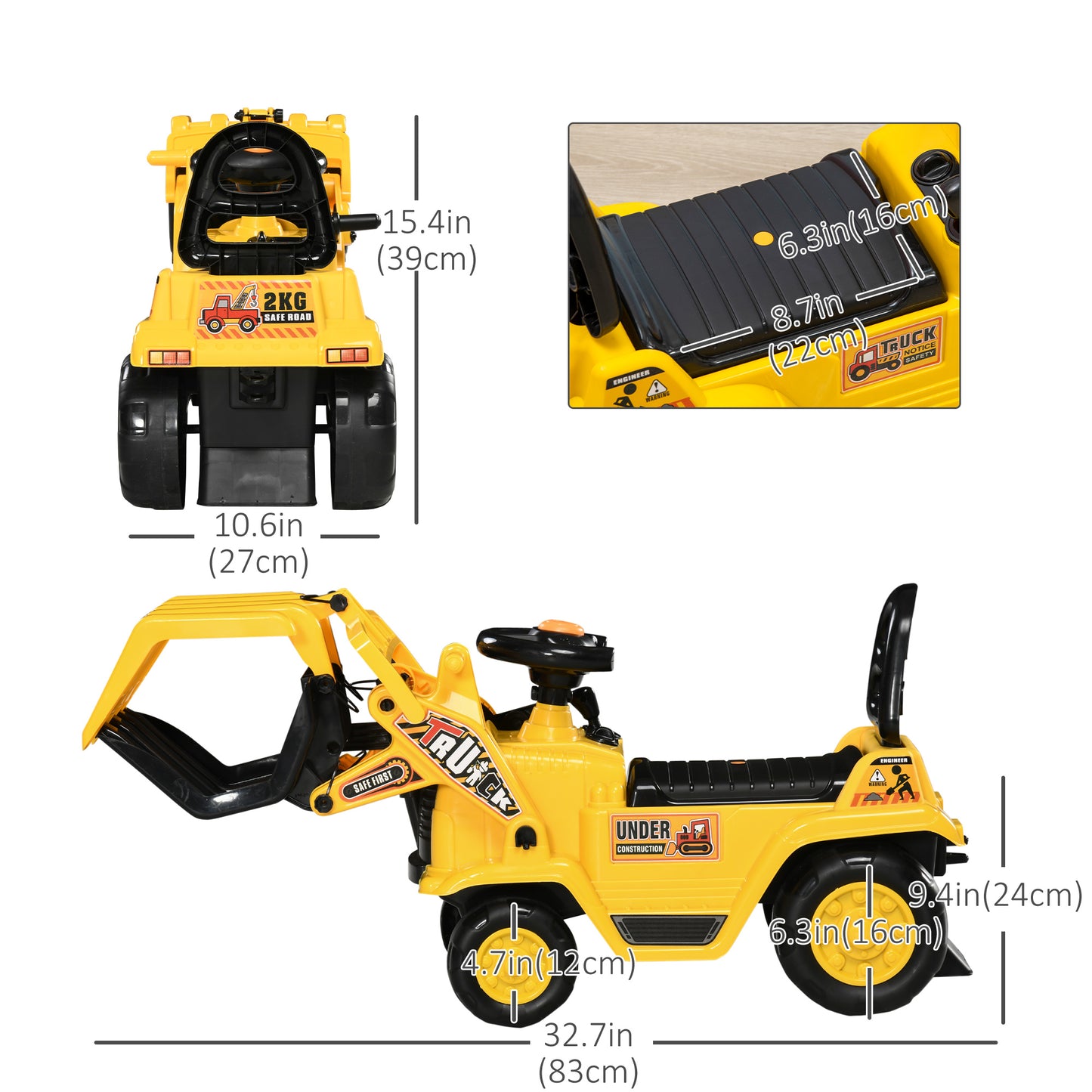 VarietyKart Ride On Excavator Toy No Power Digger with Realistic Sound Grabber Storage, for 2-4 Years Old, 32.7"x10.6"x1