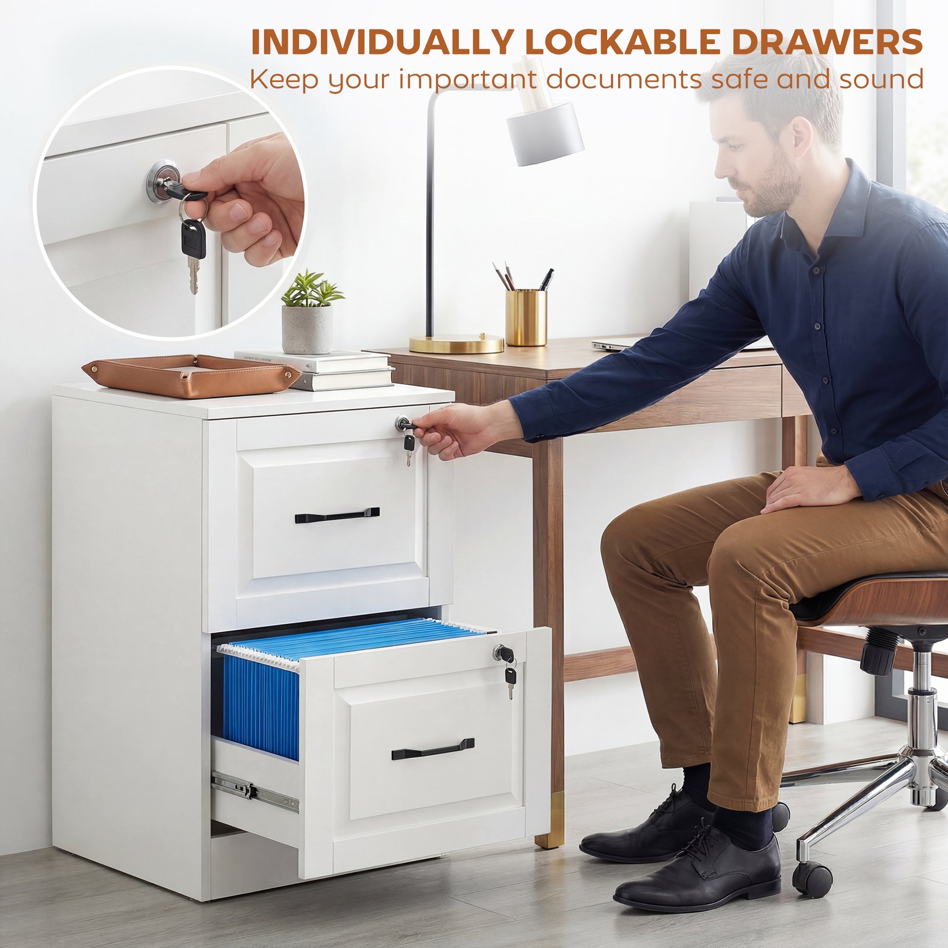 2 Drawer File Cabinet with Lock, Vertical Filing Cabinet with Adjustable Hanging Bars for A4 and Letter Size, White