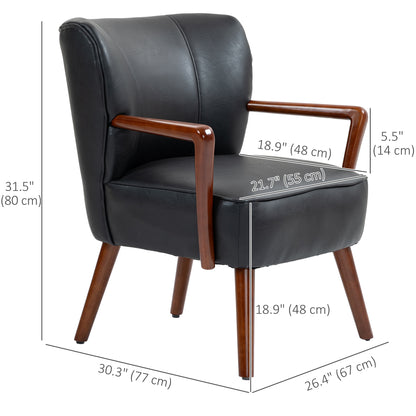 Accent Chair, Modern Armchair, Faux Leather Upholstered Living Room Chair with Wood Legs and Wide Padded Seat, Black
