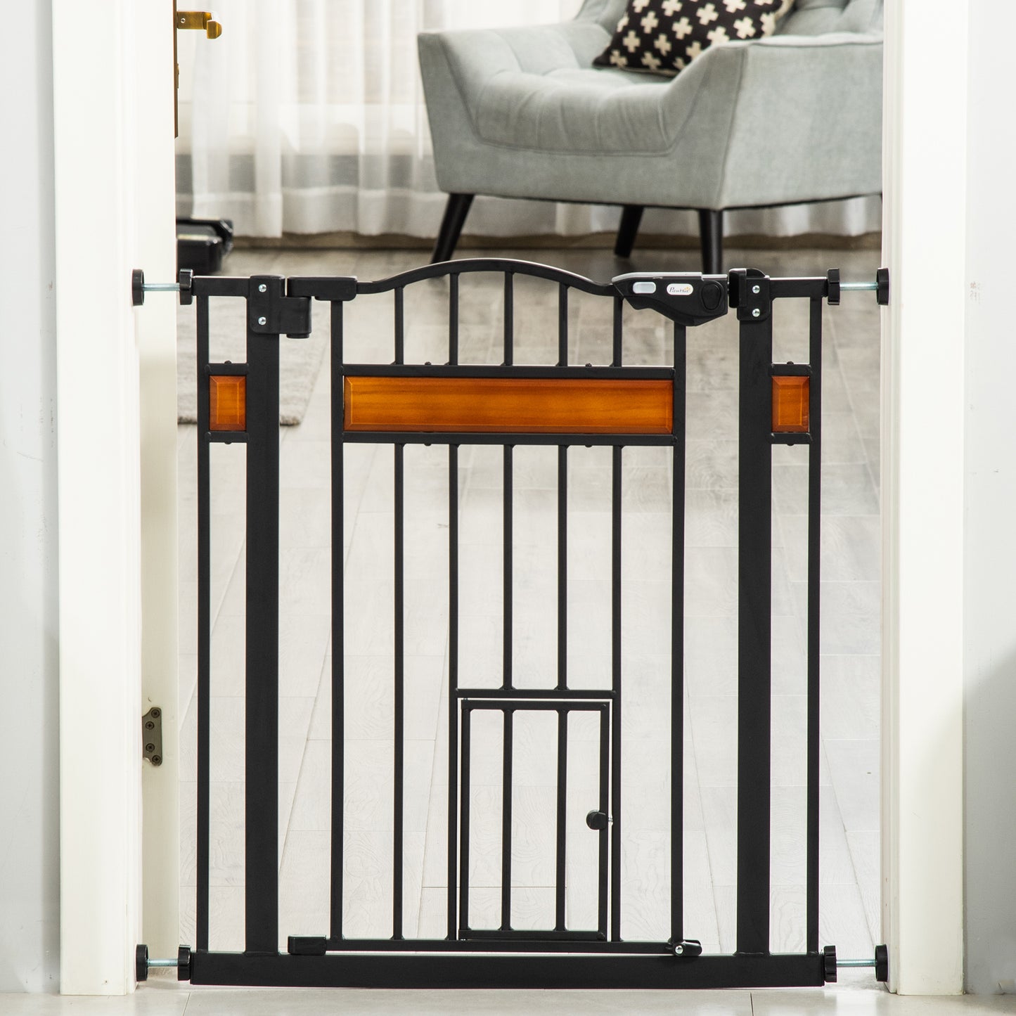 29.1''-31.5'' Extra Wide Dog Gate with Cat Door, 30"H Stair Gate with Extension, Wall Cups, Pressure Fit, Auto Close, Do