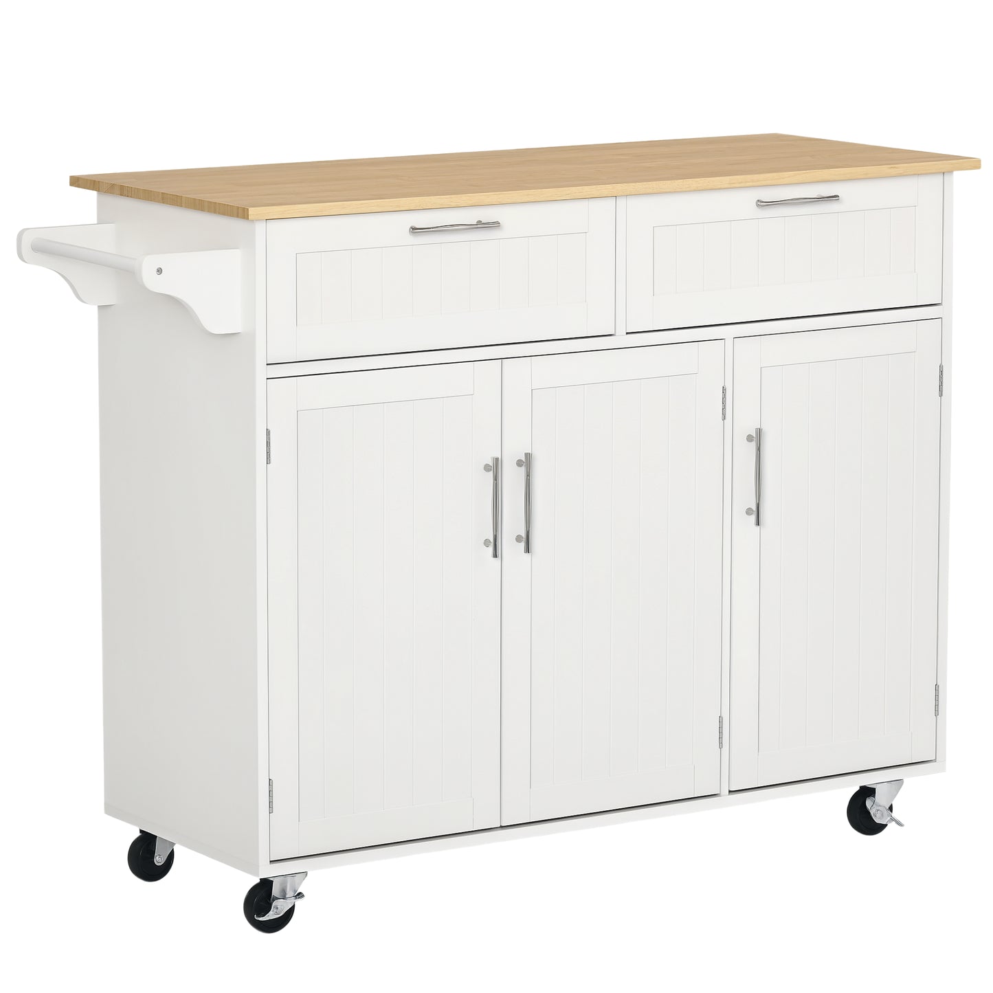 48" Kitchen Island with Storage and Solid Wood Top, Rolling Kitchen Cart on Wheels with 2 Storage Drawers, 3 Doors and T
