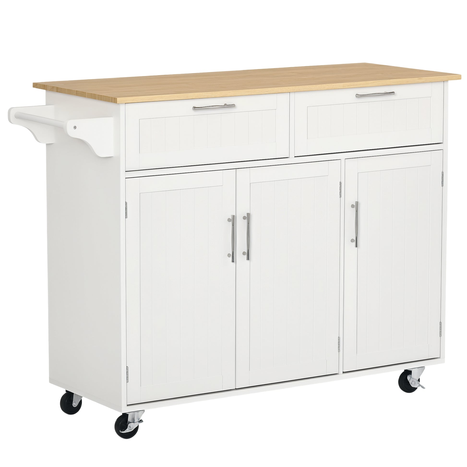48" Kitchen Island with Storage and Solid Wood Top, Rolling Kitchen Cart on Wheels with 2 Storage Drawers, 3 Doors and T