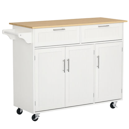 48" Kitchen Island with Storage and Solid Wood Top, Rolling Kitchen Cart on Wheels with 2 Storage Drawers, 3 Doors and T