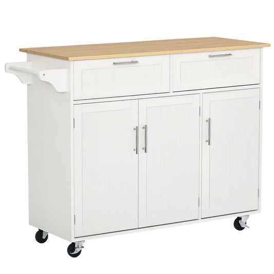 48" Kitchen Island with Storage and Solid Wood Top, Rolling Kitchen Cart on Wheels with 2 Storage Drawers, 3 Doors and T