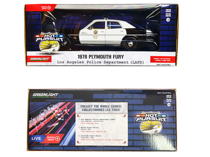 1978 Plymouth Fury Black and White "LAPD (Los Angeles Police Department)" "Hot Pursuit" Series 9 1/24 Diecast Model Car by Greenlight
