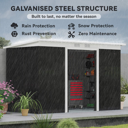 9x4 Outdoor Storage Shed Galvanized Steel Garden Shed with Foundation Kit, Ventilation & Doors, Dark Grey