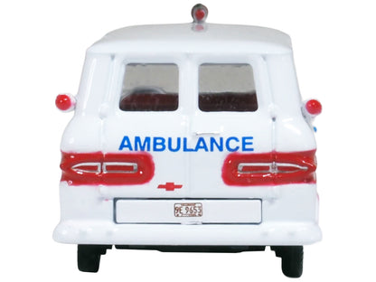 1962 Chevrolet Corvair Greenbrier AmbleWagon Ambulance White with Red Stripes 1/87 (HO) Scale Diecast Model Car by Oxford Diecast
