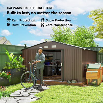 11' x 13' Outdoor Metal Storage Shed Large Tool House with Weatherproof Construction, Vent, Foundation Kit, Brown