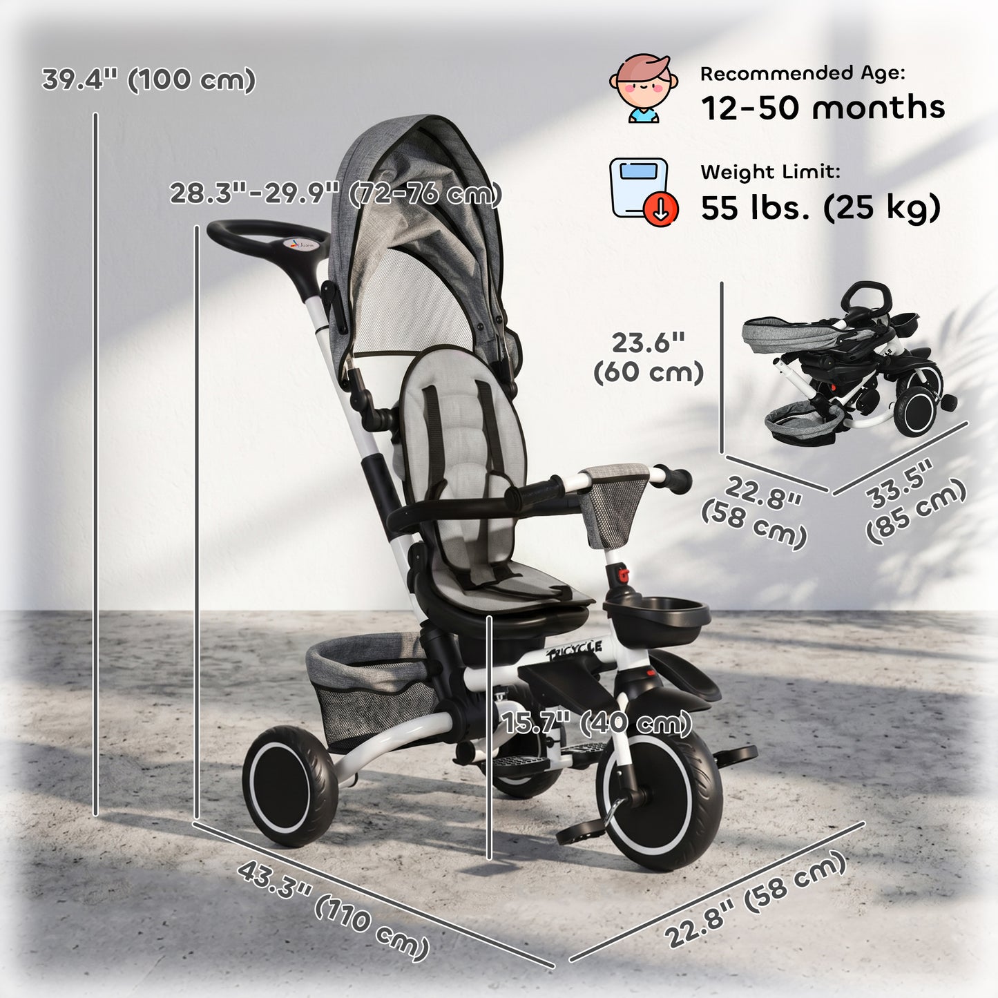 VarietyKart Tricycle for Toddler 6-in-1 Kids Trike, Foldable Converts Stroller to Baby Push Bike, Adjustable Backrest wi