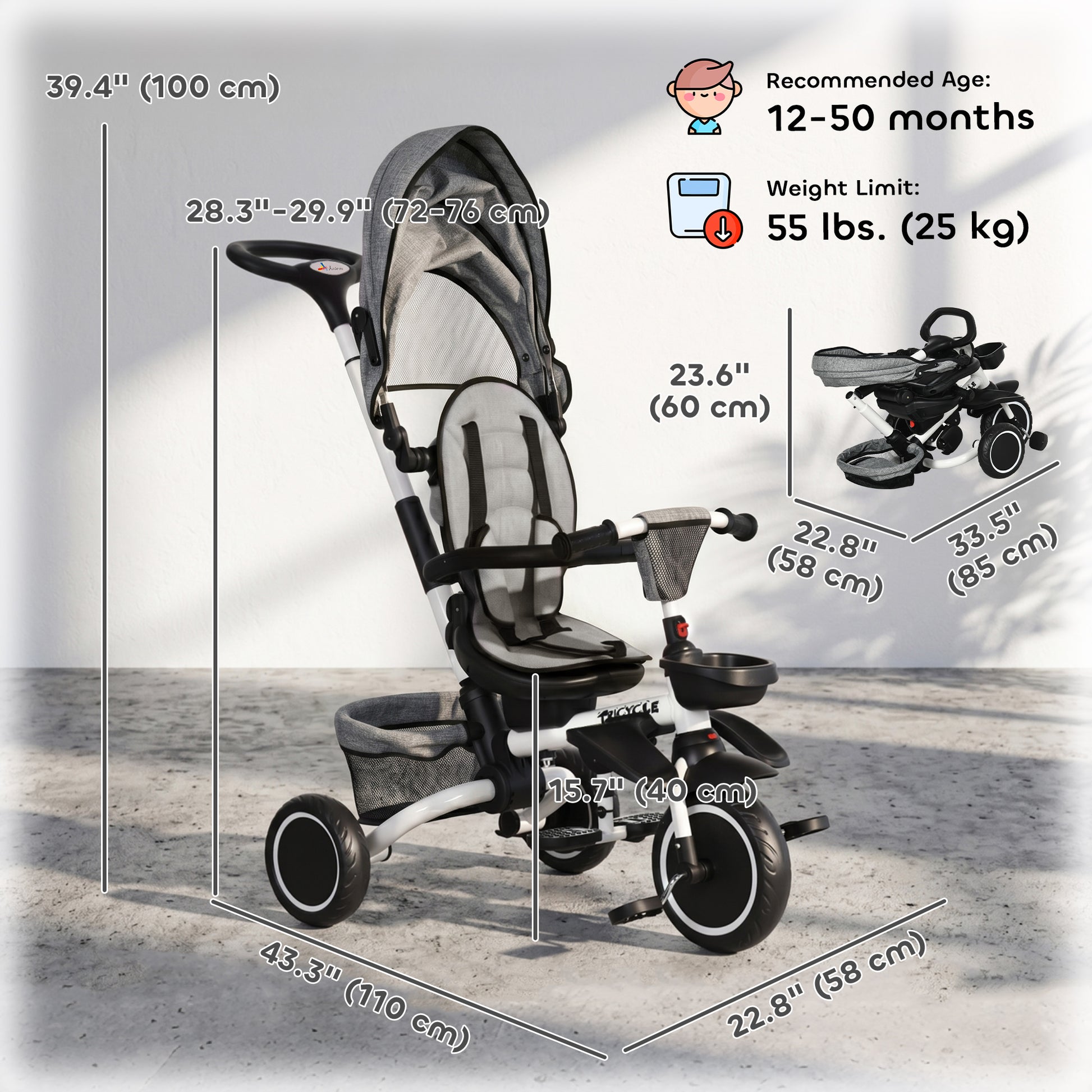 VarietyKart Tricycle for Toddler 6-in-1 Kids Trike, Foldable Converts Stroller to Baby Push Bike, Adjustable Backrest wi