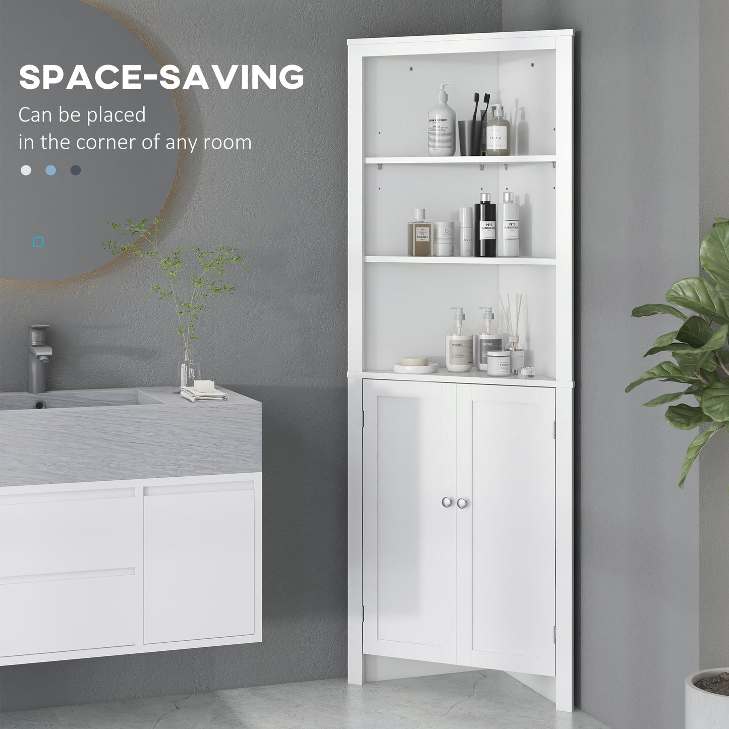 Tall Bathroom Storage Cabinet, Corner Cabinet with Doors, Linen Cabinet with Doors and 3-Tier Shelves, White