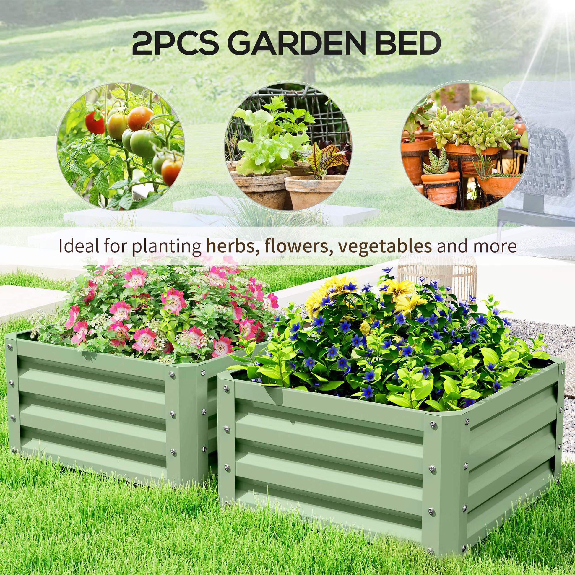 2Pcs 2' x 2' x 1' Galvanized Raised Garden Bed Kit, Square Outdoor Metal Planter Box with Open Bottom for Vegetables, Fl