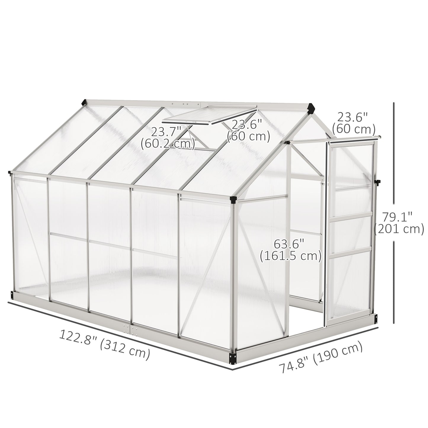 6' x 10' x 6.6' Polycarbonate Greenhouse, Walk-In Green House Kit Garden, Plants Grow, Galvanized Sheet Aluminum Frame w