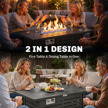 Propane Gas Fire Pit Table, Outdoor Firepit with 43" Steel Tabletop and Lid, 50,000 BTU Pulse Ignition Fire Table w/ Sta