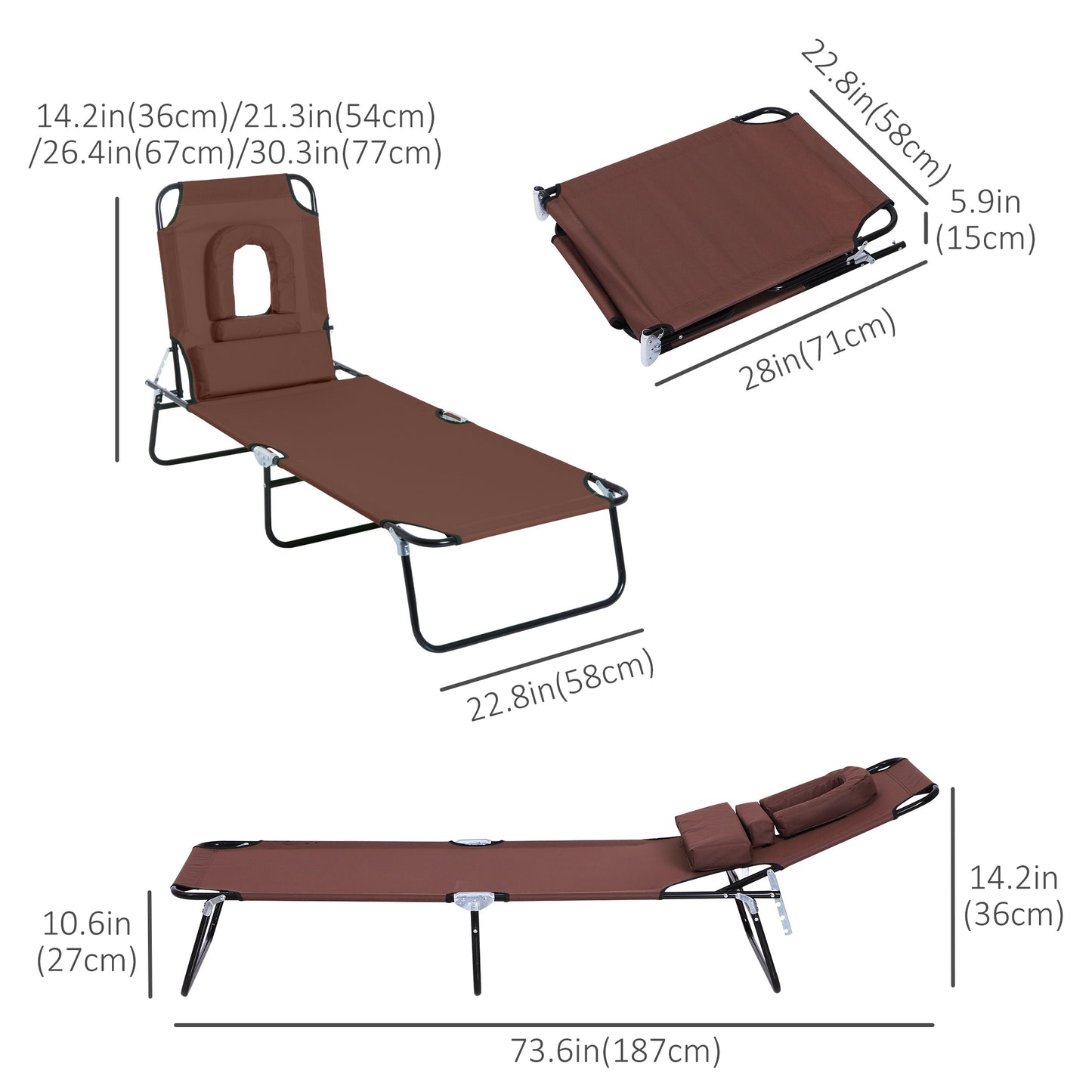 Folding Chaise Lounge Chair, Reclining Beach Tanning Chair with Face Hole, Pillow, 4-Position Adjustable Lay Flat Sun Lo