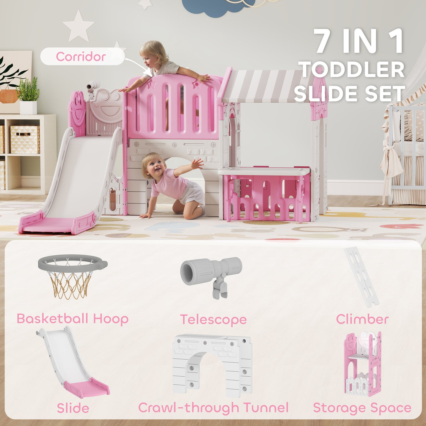Qaba 7-in-1 Toddler Slide, Kids Slide Climber Playset with Playhouse and Basketball Hoop for 1-4 Years, Pink