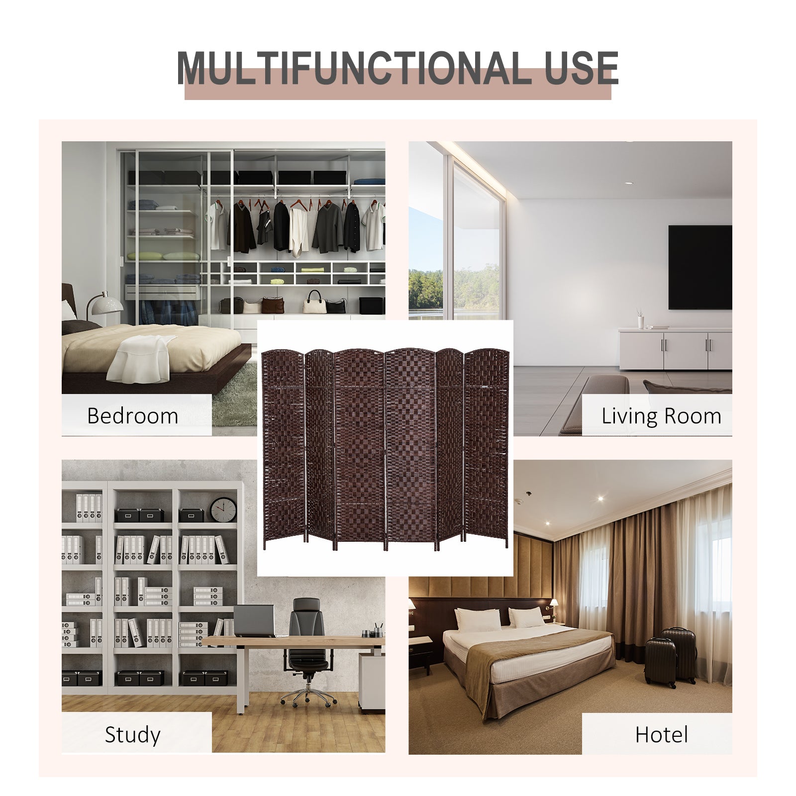 6ft Folding Room Divider, 6 Panel Wall Partition with Wooden Frame for Bedroom, Home Office, Brown