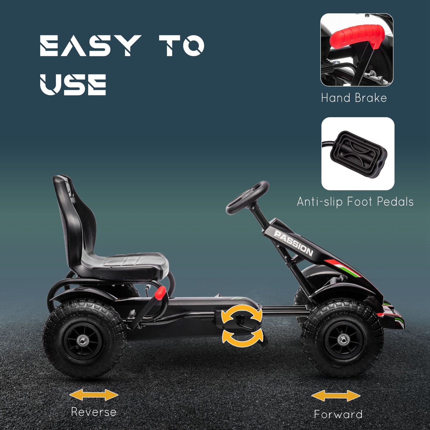 VarietyKart Pedal Go Kart for Kids, Pedal Car with Adjustable Bucket, Handbrake, 4 Rubber Wheels Powered Ride, Black
