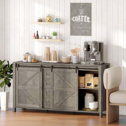 60" Buffet Cabinet, Farmhouse Sideboard with Sliding Barn Doors, Drawers and Adjustable Shelves, Distressed Light Grey