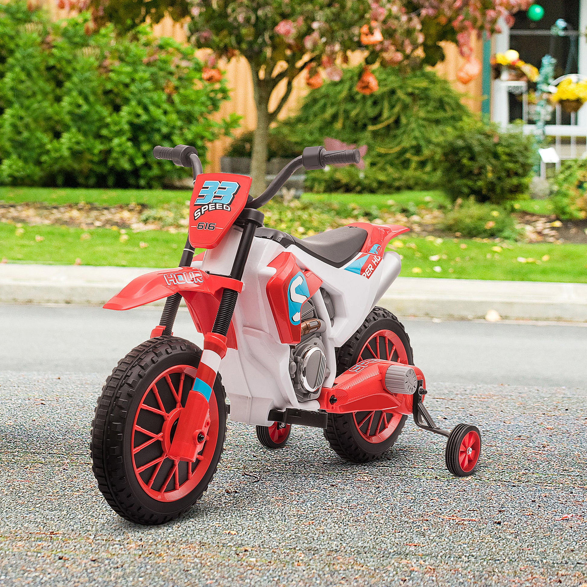 VarietyKart Kids Dirt Bike 12V Battery-Powered Ride-On Electric Motorcycle with Charging Battery, Training Wheels Red